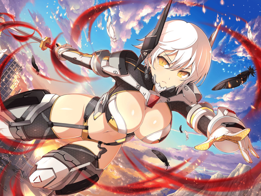 1girl black_feathers black_garter_straps blue_sky breasts building chin_guard city cityscape cleavage closed_mouth cloud cloudy_sky commentary_request cyborg day debris dusk energy evening feathers fire frown garter_straps gloves gradient_sky groin headpiece highres holding holding_sword holding_weapon katana large_breasts leg_armor linea_alba long_sleeves looking_at_viewer mechabare miyabi_(senran_kagura) mountain navel official_alternate_costume official_art orange_sky outdoors post-apocalypse revealing_clothes ruins senran_kagura senran_kagura_new_link senran_kagura_shinovi_versus serious shiny_skin short_hair sky skyscraper slit_pupils solo sparks stomach sun sunset sword thighhighs thighs tsuba_(guard) tsuka-ito tsuka_(handle) unsheathed weapon white_feathers white_gloves white_hair window yaegashi_nan yellow_eyes yellow_sky