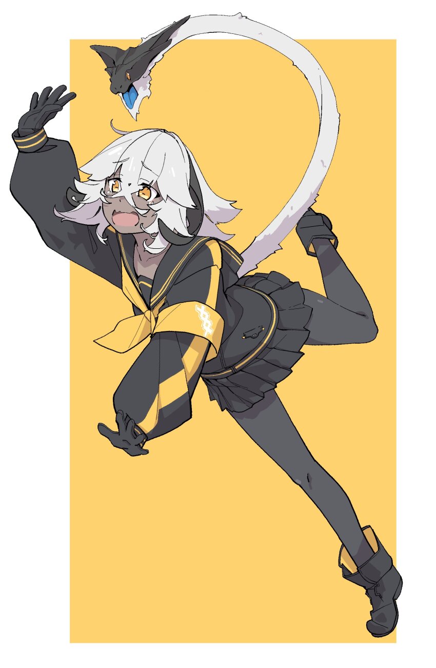 1girl absurdres black_boots black_gloves black_pantyhose black_skirt boots border crossed_bangs curled_horns dark-skinned_female dark_skin falling gloves hair_between_eyes highres hood hood_down horizontal_pupils horns long_bangs medium_hair neckerchief open_mouth original outside_border pantyhose pleated_skirt sailor_collar skirt solo tail tail_mouth tears tiptoes white_border white_hair yamunashi_(soregoshi) yellow_background yellow_eyes yellow_neckerchief