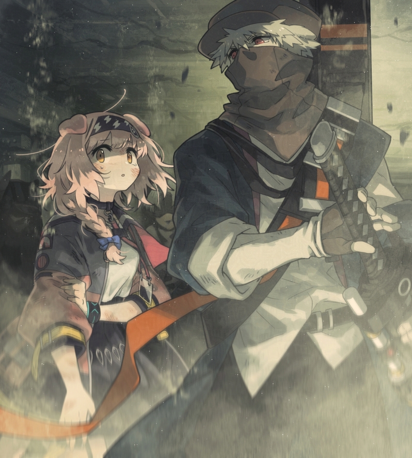 1girl 3boys ahoge animal_ears arknights black_jacket blue_bow blue_hairband blush bow brown_gloves newsboy_cap cat_ears cat_girl commentary_request eyelashes fingerless_gloves floppy_ears gloves goldenglow_(arknights) grey_hair hair_between_eyes hair_bow hairband hat highres holding holding_sheath holding_sword holding_weapon infection_monitor_(arknights) jacket katana light_particles lightning_bolt_print long_eyelashes mask morini_ochiteru mouth_mask multiple_boys original parted_lips pink_hair red_(npc)_(arknights) red_eyes scottish_fold sheath sheathed sleeves_rolled_up sword weapon