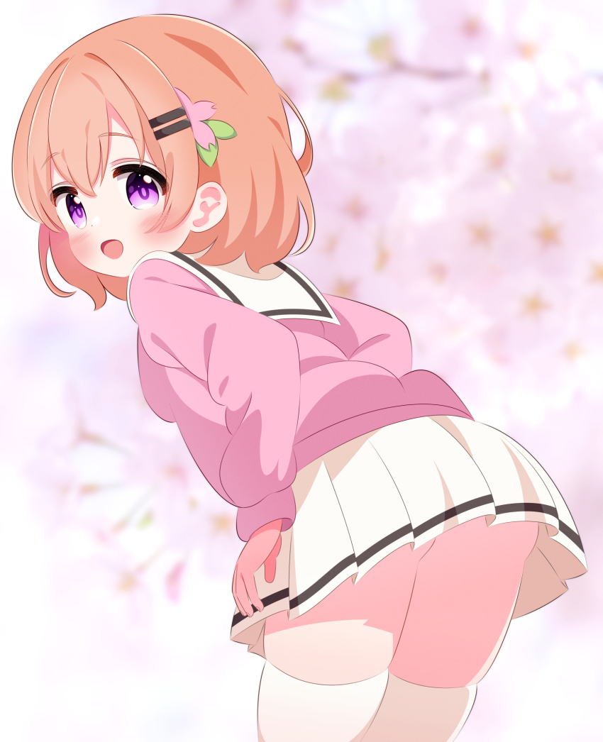 1girl ass blush brown_hair cardigan cherry_blossoms flower from_behind gochuumon_wa_usagi_desu_ka? hair_flower hair_ornament hairclip highres hoto_cocoa leaning_forward long_sleeves looking_at_viewer looking_back no_panties open_mouth pink_cardigan pink_eyes r245 school_uniform short_hair skirt smile spring_(season) standing thighhighs tree white_skirt white_thighhighs
