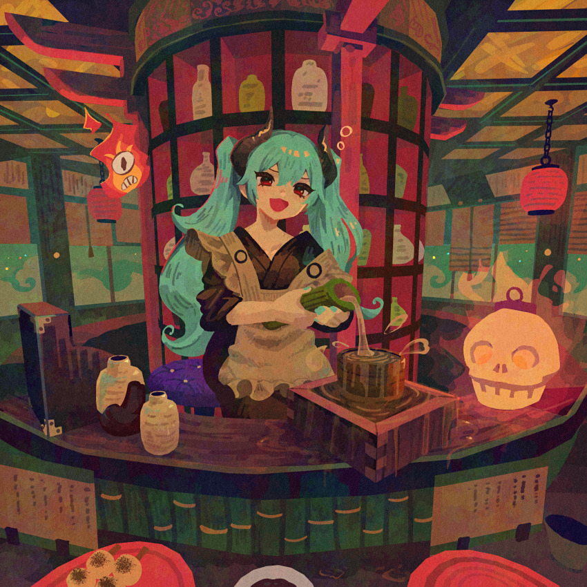 1girl :3 apron aqua_hair aqua_nails bamboo bar_stool bartender black_horns black_kimono borrowed_character cash_register ceiling colored_skin commission counter creature double-parted_bangs frilled_apron frills grey_apron highres holding horns indoors japanese_clothes kimono lantern long_hair morello_(morellostorment) no_lineart on_stool open_mouth original overflowing paper_lantern paper_texture pouring red_eyes second-party_source shelf sitting skull sleeves_pushed_up solo stool strap_slip three-quarter_sleeves twintails two-handed usagino_suzu vase wavy_hair white_skin window_blinds