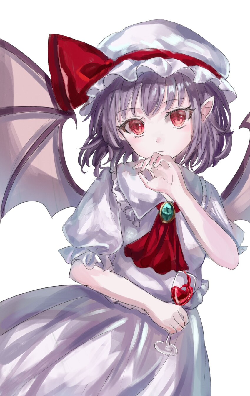 1girl ambiguous_red_liquid ascot bat_wings brooch dress hat highres jewelry mob_cap pointy_ears purple_hair red_ascot remilia_scarlet simple_background solo suzushina touhou white_background white_dress white_hat wings