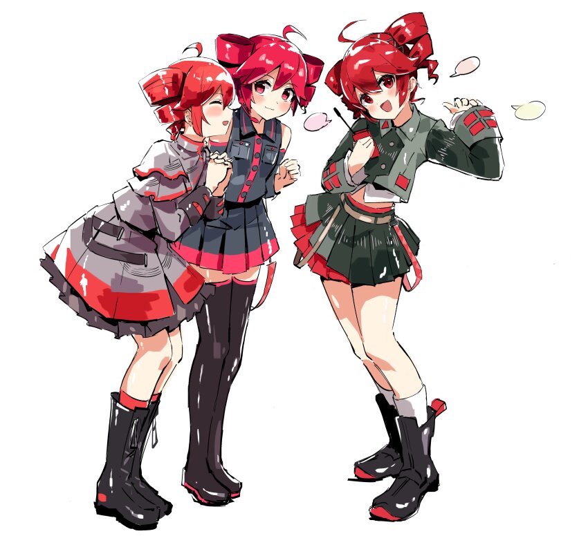 3girls :d absurdres ahoge black_boots black_shirt blush boots collared_shirt detached_sleeves drill_hair grey_shirt highres holding kasane_teto kasane_teto_(sv) kasane_teto_(utau) kasane_teto_(voicepeak) long_sleeves looking_at_viewer mp777b multiple_girls multiple_persona open_mouth red_eyes red_hair shirt sidelocks simple_background sleeveless sleeveless_shirt smile socks speech_bubble standing synthesizer_v thigh_boots twin_drills utau voicepeak white_background white_socks