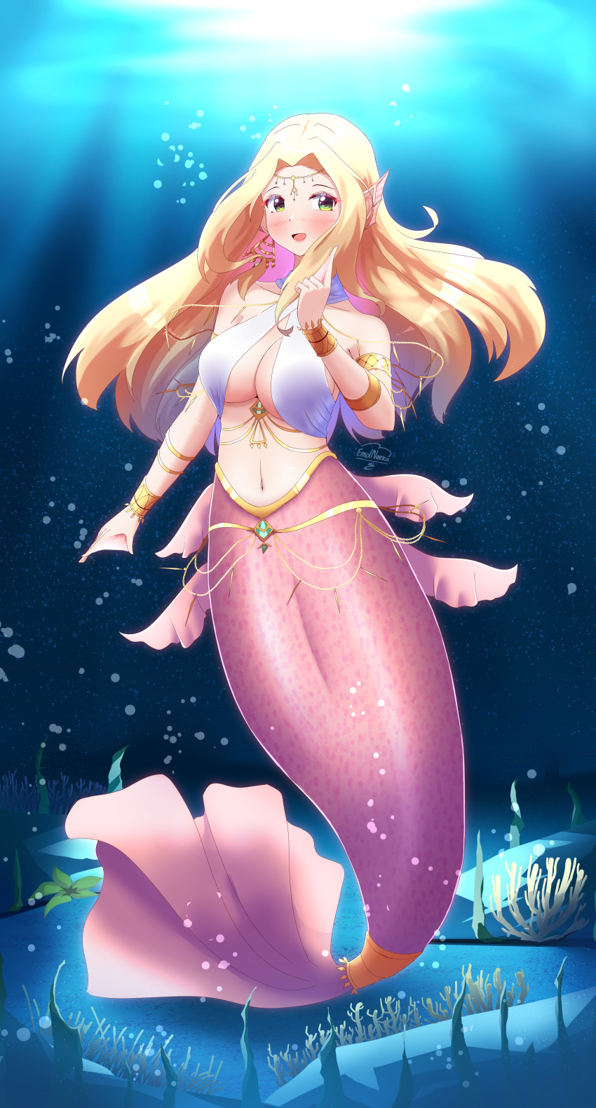 1girl absurdres artist_name blonde_hair breasts bubble cleavage commentary commission criss-cross_halter crop_top emdneeko english_commentary fins floating_hair full_body green_eyes halterneck head_fins highres long_hair medium_breasts mermaid midriff monster_girl navel open_mouth original pointing pointing_up sea_anemone smile solo underwater very_long_hair webbed_hands