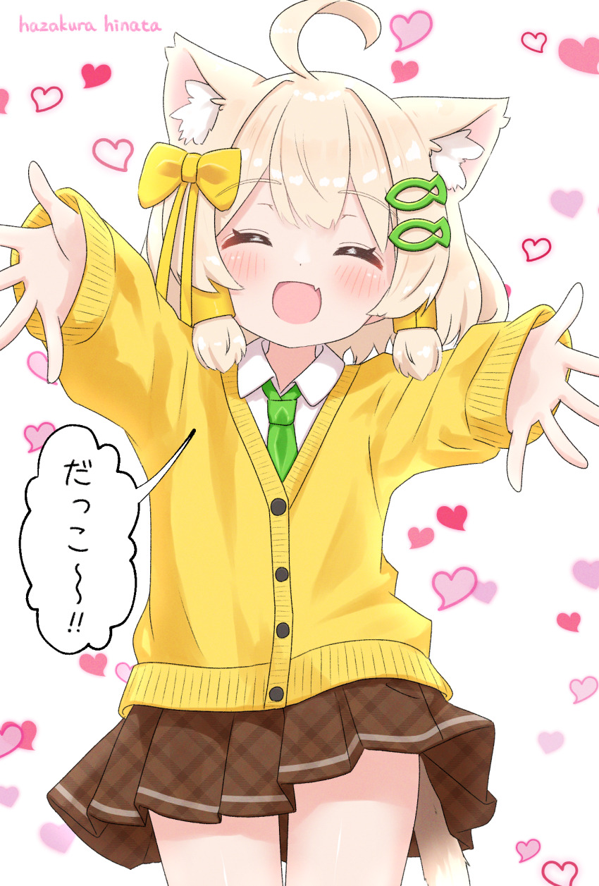 1boy :d ^_^ ahoge animal_ear_fluff animal_ears blush brown_skirt cardigan cat_boy cat_ears cat_tail closed_eyes cowboy_shot crossdressing fish_hair_ornament green_necktie hair_ornament hair_tubes hazakura_hinata heart heart_background highres kaya_(hazakura_hinata) long_sleeves miniskirt necktie open_mouth original pleated_skirt school_uniform shirt skirt smile tail trap white_shirt yellow_cardigan