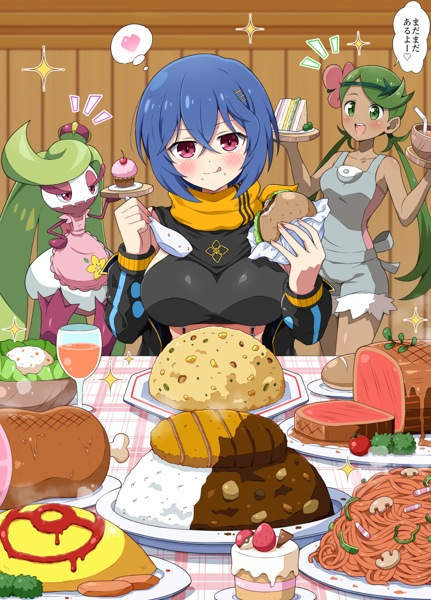 1girl :q absurdres amane_(senran_kagura) apron bandana black_bandana black_jacket blue_hair blush boned_meat bread breasts burger cake cherry cherry_tomato closed_mouth coconut coconut_cup collarbone colored_skin commission crossover crown cup cupcake curry curry_rice dark-skinned_female dark_skin drinking_glass drinking_straw eating eggman_(ni_tamagoex) eyelashes eyeshadow flower food food_focus food_on_face food_wrapper fried_rice frilled_apron frills fruit gen_7_pokemon green_eyes green_hair green_headband green_pepper grey_overalls hair_between_eyes hair_flower hair_ornament hairpin headband heart highres holding holding_burger holding_food holding_plate icing jacket ketchup ladle large_breasts leather leather_jacket lettuce licking_lips loaf_of_bread long_hair looking_at_viewer low_twintails makeup mallow_(pokemon) meat medium_breasts mini_crown monster_girl multicolored_skin multiple_girls multiple_hairpins mushroom nintendo omelet omurice open_mouth orange_scarf overall_shorts overalls parsley pasta pink_apron pink_flower plant_girl plate poke_ball poke_ball_(basic) pokemon pokemon_(creature) pokemon_sm pork purple_skin purple_thighhighs red_eyes rice sandwich sausage scarf senran_kagura senran_kagura_new_link sesame_seeds shiny_skin short_hair skeb_commission smile spaghetti sparkle speech_bubble spoken_heart standing strawberry swept_bangs tablecloth teeth thighhighs thought_bubble tomato tongue tongue_out translation_request tri_tails tsareena twintails two-tone_skin upper_teeth_only very_long_hair white_skin wine_glass wooden_wall