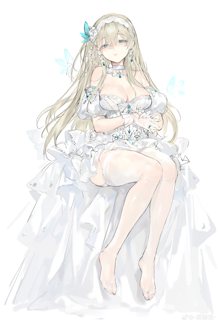 1girl absurdres bare_shoulders blonde_hair blue_eyes breasts choker cleavage closed_mouth detached_sleeves dress full_body gloves hair_ornament hairband half-closed_eyes high-low_skirt highres large_breasts lexington_(cv-16)_(beloved)_(normal)_(warship_girls_r) lexington_(cv-16)_(warship_girls_r) long_hair no_shoes pantyhose see-through_clothes see-through_gloves sitting sketch solo strapless strapless_dress warship_girls_r watermark wedding_dress weibo_watermark white_background white_choker white_dress white_gloves white_hairband white_pantyhose xiangchizhubijin