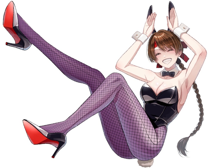 1girl arms_up ass bow braid braided_ponytail breasts brown_hair cleavage fishnets hairband heel_up huge_ass large_breasts latex legs_up long_hair ma0hphm8y9r4r43 pale_skin playboy_bunny rabbit rabbit_ears rabbit_tail smile smiley_face the_king_of_fighters thick_thighs thighs wide_hips yuri_sakazaki