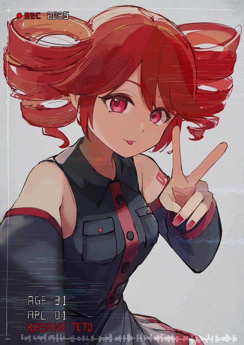 1girl birthday black_skirt black_sleeves breast_pocket breasts buttons change_id_later character_age collared_shirt detached_sleeves dress_shirt drill_hair fingernails grey_background hashtag-only_commentary highres kasane_teto kasane_teto_(utau) pocket recording red_eyes red_hair red_nails shirt simple_background skirt sleeveless sleeveless_shirt small_breasts solo tongue tongue_out twin_drills utau v wing_collar