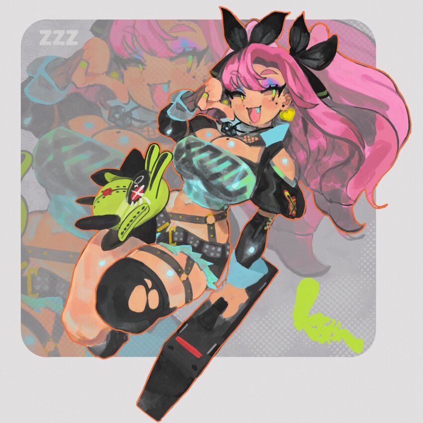 1girl absurdres bangboo_(zenless_zone_zero) belt black_belt black_ribbon black_shorts breasts briefcase clothing_cutout crop_top cutoffs earrings eyeshadow fang full_body green_eyes hair_ribbon hand_to_own_mouth hand_up heart heart_earrings heart_necklace highres holding holding_briefcase jewelry keziedra large_breasts long_hair looking_at_viewer makeup micro_shorts mole mole_on_breast mole_under_eye necklace nicole_demara no_sclera o-ring o-ring_belt open_mouth orange_outline outline pink_hair purple_eyeshadow ribbon shorts shoulder_cutout single_thighhigh smile solo strapless thigh_belt thigh_strap thighhighs torn_clothes torn_thighhighs tube_top two_side_up white_tube_top zenless_zone_zero