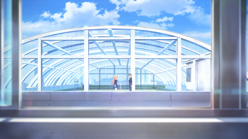 1boy 1girl architecture black_jacket black_pants blazer blue_sky bow breasts building chaos;child chaos;child_love_chu_chu!! chest_bow cityscape cloud cloudy_sky cropped_jacket dress_vest game_cg green_hair hair_ribbon hekiho_academy hekiho_academy_school_uniform highres jacket kawahara_masashi kurusu_nono ladder lapels long_hair looking_at_another medium_breasts miniskirt necktie notched_lapels official_art on_roof on_rooftop orange_hair outdoors pants red_necktie ribbon rooftop sailor_collar sailor_shirt sasaki_mutsumi school_emblem shirt short_hair skirt sky skyscraper tennis tennis_court tennis_net thick_thighs thighs very_short_hair white_sailor_collar
