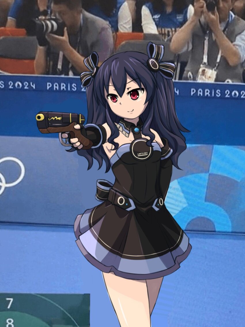 1girl aiming arm_behind_back armpit_peek black_hair breasts fingerless_gloves gloves gun hair_ribbon highres legs long_hair medium_breasts meme neptune_(series) olympics red_eyes ribbon smile solo thighs twintails uni_(neptunia) weapon yusuf_dikec