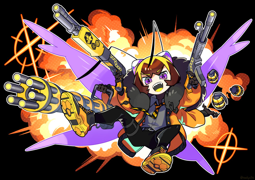 1boy absurdres antennae arms_up black_background black_pants blonde_hair brown_hair claws coat colored_tongue commentary_request diffraction_spikes explosion explosive extra_arms extra_pupils full_body grenade gun highres holding holding_gun holding_weapon insect_wings long_sleeves looking_at_viewer male_focus monster_boy multicolored_hair necktie open_mouth orange_background original pants purple_eyes purple_wings saadiya74 sharp_teeth solo teeth triple_wielding two-tone_hair wasp_boy weapon wings yellow_coat yellow_tongue