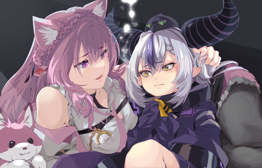 2girls :d absurdres animal animal_ear_fluff animal_ears bare_shoulders belt bird braid breasts collar coyote crow_(la+_darknesss) fang fang_out grey_hair hakui_koyori heart heart-shaped_pupils highres hololive horns la+_darknesss long_hair long_sleeves multiple_girls open_mouth pink_eyes pink_hair pocket_watch pointy_ears purple_hair sleeves_past_wrists smile symbol-shaped_pupils torn_flipper virtual_youtuber watch wolf_ears yellow_eyes