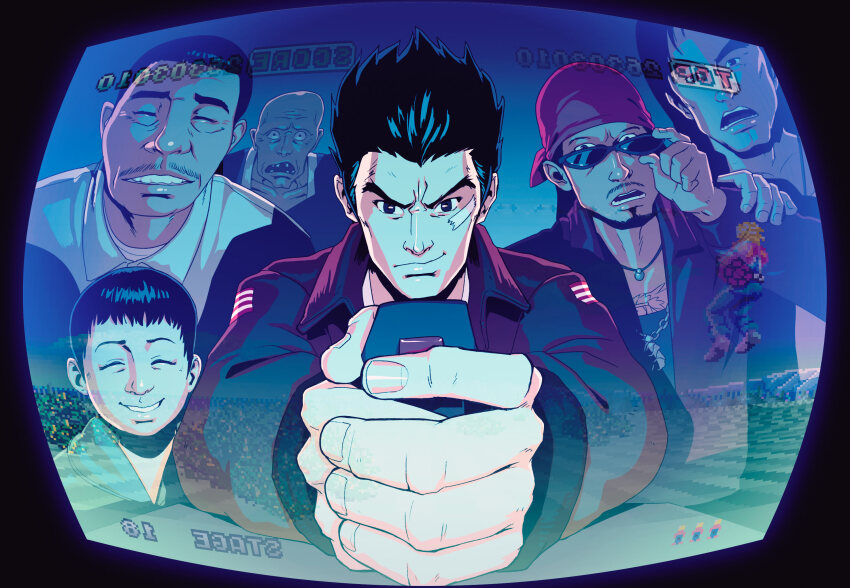 6+boys :o adjusting_eyewear bald bandaid bandaid_on_face bandana black_hair brown_jacket character_request commentary controller english_commentary facial_hair hazuki_ryou highres jacket jewelry joystick long_sleeves multiple_boys mustache necklace reflection sega shenmue shenmue_i smirk space_harrier sunglasses tom_waterhouse