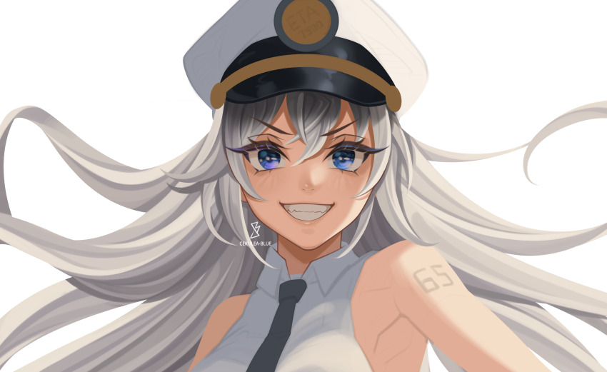 1girl absurdres artist_logo azur_lane black_necktie blue_eyes cerulea-blue commentary commission english_commentary enterprise_(azur_lane) highres logo long_hair looking_at_viewer necktie number_tattoo shirt shoulder_tattoo sleeveless sleeveless_shirt smile solo tattoo upper_body white_hair white_shirt