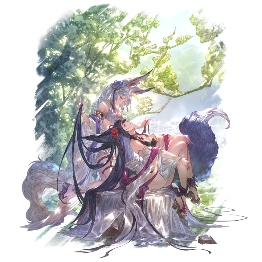 2girls animal_ears arm_garter black_hair blue_flower branch breasts closed_eyes closed_mouth day erune facing_another flower fox_ears fox_girl fox_tail granblue_fantasy hair_spread_out hands_up hibiscus high_heels holding_another&#039;s_hair kneeling knees_up long_hair looking_at_another medium_breasts minaba_hideo multiple_girls nail_polish official_art outdoors red_flower shawl simple_background sitting smile societte_(granblue_fantasy) sunlight tail third-party_source transparent_background very_long_hair white_hair yuel_(granblue_fantasy) yuri