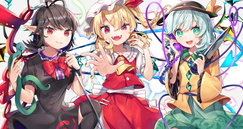 3girls absurdres ascot asymmetrical_wings black_dress black_hair black_legwear blonde_hair blue_wings blush bow bowtie buttons center_frills collared_shirt crystal dress eyeball fangs flandre_scarlet floral_print frilled_dress frilled_shirt frilled_shirt_collar frilled_skirt frilled_sleeves frills green_eyes green_hair green_skirt gunjou_row hat hat_bow hat_ribbon heart heart_of_string highres holding holding_phone holding_weapon houjuu_nue huge_filesize knife komeiji_koishi long_sleeves medium_hair mob_cap multiple_girls nail_polish one_side_up open_mouth phone pointy_ears polearm puffy_short_sleeves puffy_sleeves red_bow red_bowtie red_eyes red_ribbon red_skirt red_vest red_wings ribbon shirt short_dress short_hair short_sleeves siblings side_ponytail skirt skirt_set snake stage_connection string thighhighs third_eye touhou touhou_lostword trident vest wavy_hair weapon white_shirt wide_sleeves wings yellow_bow yellow_neckwear yellow_ribbon yellow_shirt zettai_ryouiki