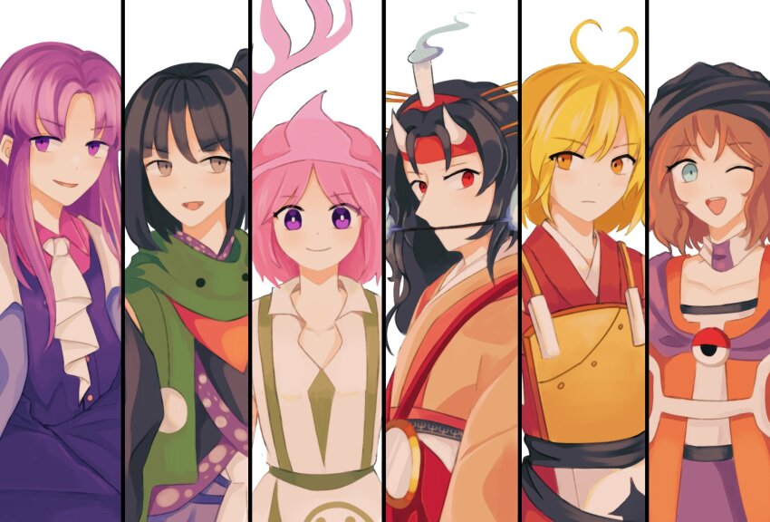6+others adagumo_no_yaorochi androgynous antenna_hair armor ascot bandana black_bandana black_hair black_kimono black_sash black_sleeves blonde_hair blue_capelet blue_coat blue_eyes blue_fire blue_hakama blunt_bangs bow breastplate bright_pupils brown_hair brown_kimono buttons candle_on_head capelet cine_hamal clause_(len&#039;en) closed_mouth coat collar collarbone collared_capelet collared_dress collared_shirt cowboy_shot detached_sleeves determined diamond_print dot_nose double-parted_bangs dress energy_wings eye_of_senri eyes_visible_through_hair fangs fire green_jacket green_scarf grey_eyes hair_ornament hairband hairpin hakama headband heart_antenna_hair high_side_ponytail highres horns jacket japanese_clothes jinbaori kimono kuzu_suzumi len&#039;en light_blush light_frown long_hair long_sleeves looking_at_viewer mouth_guard multiple_hairpins multiple_others obi one_eye_closed ooama_no_ake_no_mitori open_clothes open_jacket open_mouth orange_jacket other_focus pagoda parted_bangs pink_eyes pink_hair pink_shirt pink_wings polka_dot polka_dot_kimono ponytail_holder purple_eyes purple_hair purple_scarf purple_shirt red_bow red_eyes red_hairband red_headband red_kimono red_scarf sash scarf shion_(len&#039;en) shirt short_kimono small_horns smile stage_connection tabard taira_no_chouki takamochie teeth triangular_headpiece turban two-tone_shirt upper_teeth_only waist_bow waist_sash white_ascot white_background white_collar white_dress white_horns white_pupils white_sash white_shirt white_tabard wide_sleeves wings yellow_eyes