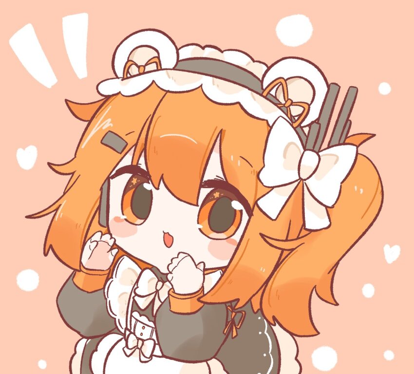 1girl a.i._voice adachi_rei alternate_costume animal_ears apron bear_ears black_dress borrowed_design bow bowtie chibi chibi_only commentary dress enmaided fake_animal_ears frilled_hairband frills hair_bow hair_ornament hairband hairclip hands_up hyouenn long_sleeves looking_at_viewer maid medium_hair one_side_up open_mouth orange_eyes orange_hair solo upper_body utau white_apron white_bow white_bowtie