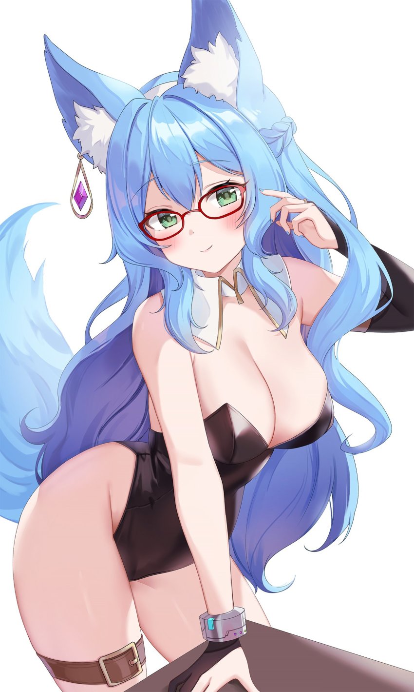 1girl animal_ear_fluff animal_ears arm_support arm_up bare_arms bare_shoulders black_leotard blue_hair borrowed_character braid breasts bridal_gauntlets cleavage closed_mouth contrapposto cowboy_shot detached_collar earrings fox_ears fox_girl fox_tail glasses gold_trim green_eyes groin highleg highleg_leotard highres jewelry large_breasts leaning_forward leg_belt leotard long_hair looking_at_viewer nail_polish original pn_(wnsl216) red-framed_eyewear simple_background sister_reine_(foxyreine) smile solo standing strapless strapless_leotard tail tail_raised thighs very_long_hair white_background