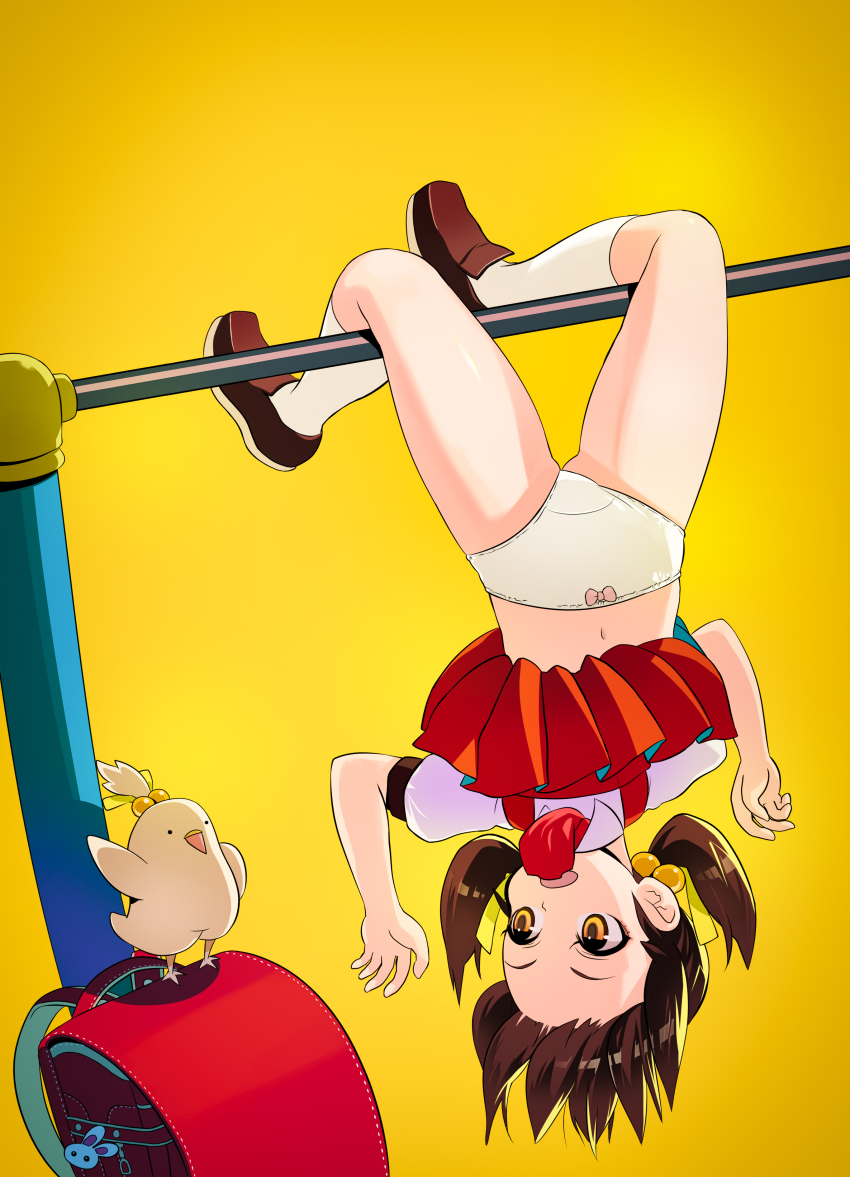 1girl absurdres akai_kuro animal backpack bag bird bow bow_panties brown_hair brown_shoes charm_(object) clothes_lift hair_bobbles hair_ornament hair_ribbon highres horizontal_bar kaai_yuki kneehighs kyoufuu_all_back_(vocaloid) long_hair looking_to_the_side low_twintails navel neckerchief open_mouth panties pink_bow randoseru red_neckerchief red_skirt ribbon school_uniform shirt shoes short_sleeves skirt skirt_lift socks suspender_skirt suspenders twintails underwear upside-down vocaloid white_panties white_shirt white_socks yellow_background yellow_eyes yellow_ribbon