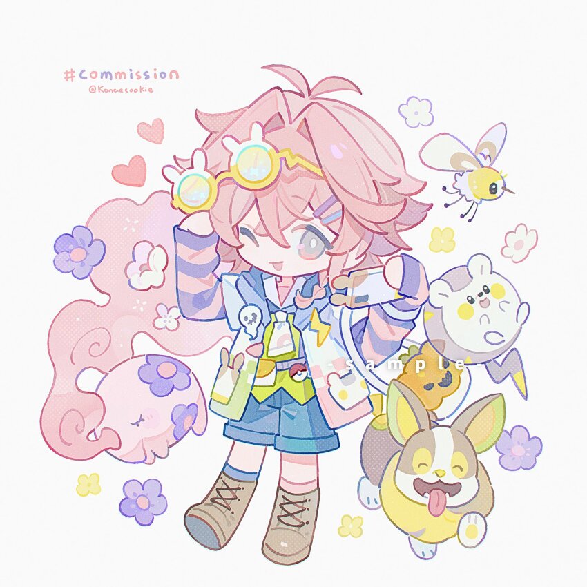 1girl ;d antenna_hair asymmetrical_legwear blue_shorts boots brown_boots cutiefly eyewear_on_head full_body gen_5_pokemon gen_7_pokemon gen_8_pokemon green_shirt grey_eyes hair_intakes highres holding holding_phone jacket kanae_(cookie) lace-up_boots layered_sleeves long_sleeves looking_at_viewer mismatched_legwear munna nintendo one_eye_closed open_clothes open_jacket open_mouth original phone pink_hair pink_jacket pokemon pokemon_(creature) shirt short_hair short_over_long_sleeves short_sleeves shorts simple_background smile solo standing striped_sleeves togedemaru white_background yamper