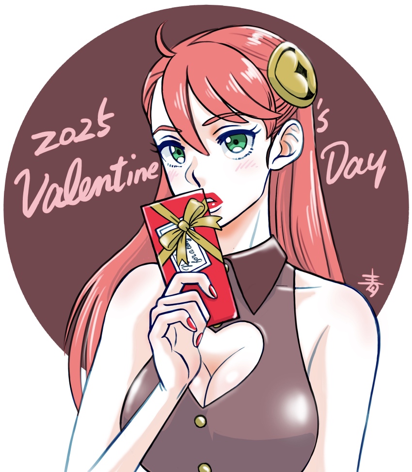 1girl 2025 absurdres aida_rayhunton aobito_sukoyaka_bystander blush breasts brown_background brown_shirt cleavage cleavage_cutout clothing_cutout commentary_request gift green_eyes gundam gundam_g_no_reconguista hair_ornament heart_cutout highres holding holding_gift lipstick long_hair looking_at_viewer makeup medium_breasts pink_hair red_lips red_nails shirt sleeveless sleeveless_shirt solo upper_body valentine