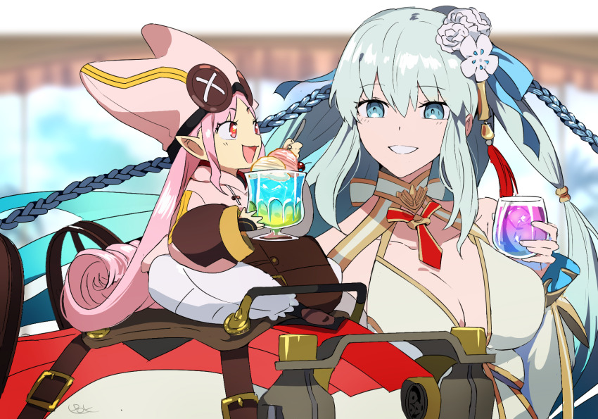 2girls blue_eyes bow braid fate/grand_order fate_(series) habet habetrot_(fate) hair_between_eyes hair_bow highres long_hair morgan_le_fay_(fate) morgan_le_fay_(water_princess)_(fate) multiple_girls open_mouth pink_hair pirohi_(pirohi214) ponytail red_eyes smile swimsuit very_long_hair white_hair
