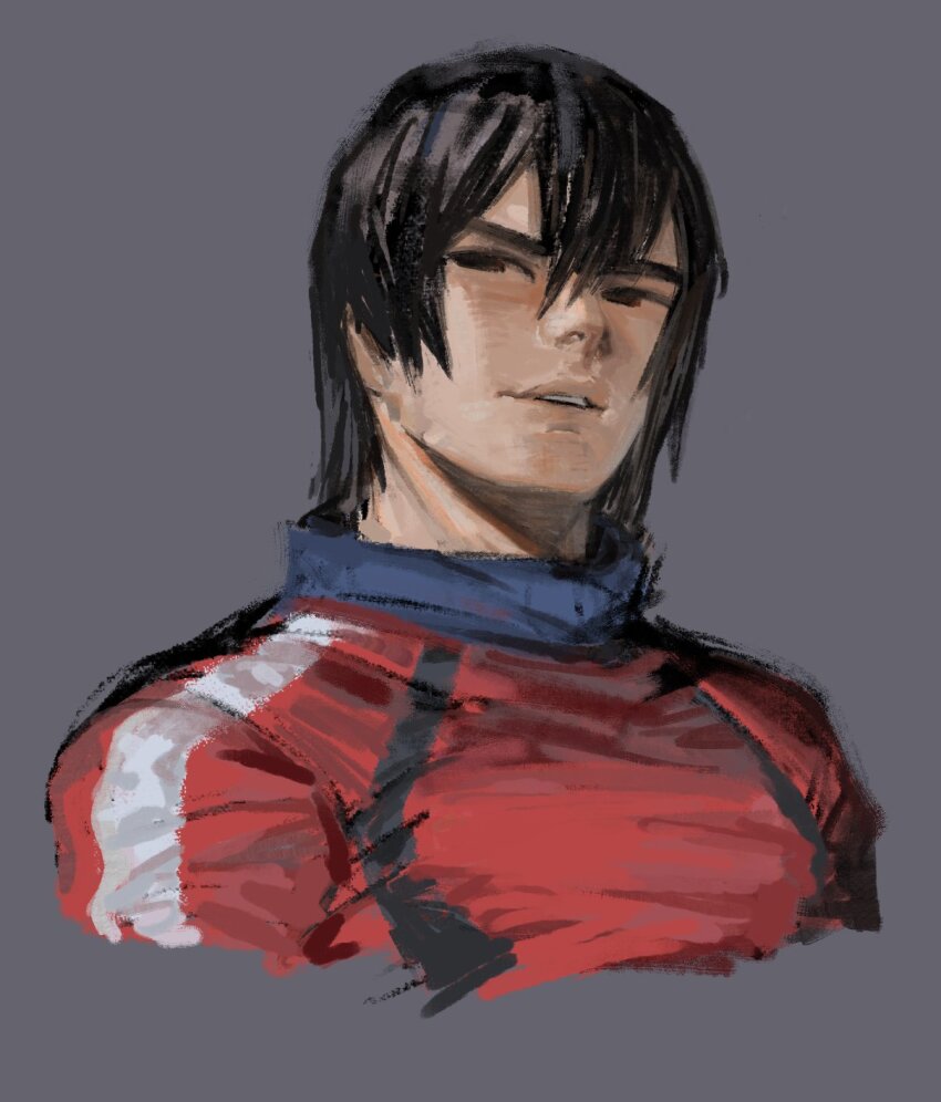 1boy black_hair brown_eyes dancho_no_mori hair_between_eyes high_collar highres light_smile long_sleeves looking_at_viewer male_focus mii_brawler mii_brawler_(smash_ultimate) nintendo no_sclera parted_lips portrait red_sweater short_hair solo super_smash_bros. sweater