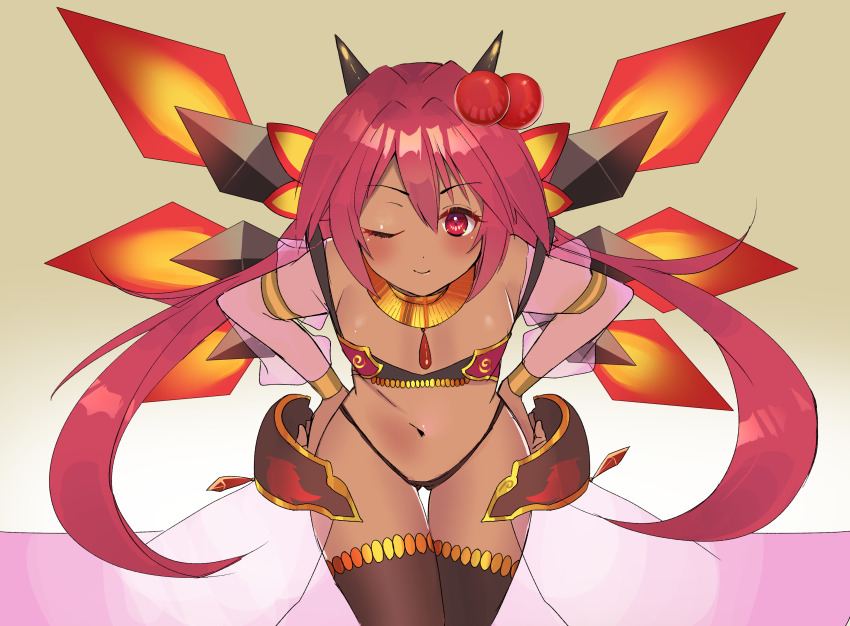1girl absurdres black_panties brown_thighhighs dark_skin emil_chronicle_online hair_ornament hands_on_own_hips highres horingen horns leaning_forward long_hair looking_at_viewer low_twintails navel panties puzzle_&amp;_dragons red_eyes red_hair red_wings salamander_alma see-through_clothes see-through_sleeves thighhighs twintails underwear wings