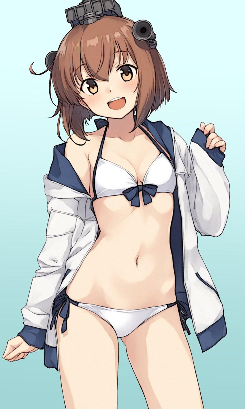 1girl bikini breasts brown_hair cleavage cowboy_shot headgear highres jacket kantai_collection medium_hair mochimugi_pilaf_(cocka_mkv) navel open_mouth orange_eyes small_breasts smile solo swimsuit teeth upper_teeth_only white_bikini white_jacket yukikaze_(kancolle) yukikaze_(swimsuit)_(kancolle)