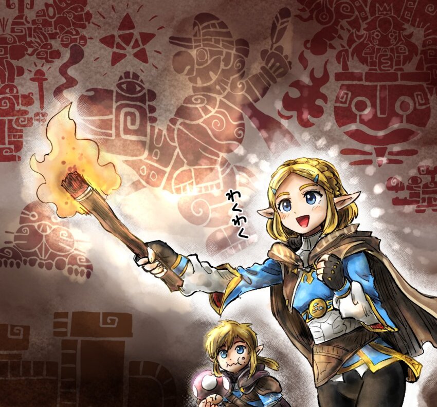 1boy 1girl :3 blonde_hair blue_eyes blush bowser cape cape_feather eating feathers fire gloves glyph glyphs gold happy hieroglyphics industrial_pipe kicdon koopa_clown_car koopalings link mario mario_(series) mechakoopa monty_mole nintendo open_mouth pants pointy_ears princess_peach princess_zelda ruins short_hair star_(symbol) super_mario_world super_mushroom the_legend_of_zelda the_legend_of_zelda:_breath_of_the_wild the_legend_of_zelda:_tears_of_the_kingdom torch tribe triforce_print wall yoshi