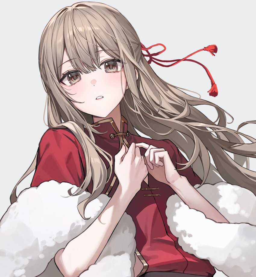 1boy absurdres as4_s2 brown_eyes brown_hair chinese_clothes commentary_request feather_boa hanaoka_makoto highres korean_commentary long_hair looking_at_viewer male_focus parted_lips red_shirt red_shrug senpai_wa_otokonoko shirt simple_background solo trap upper_body white_background