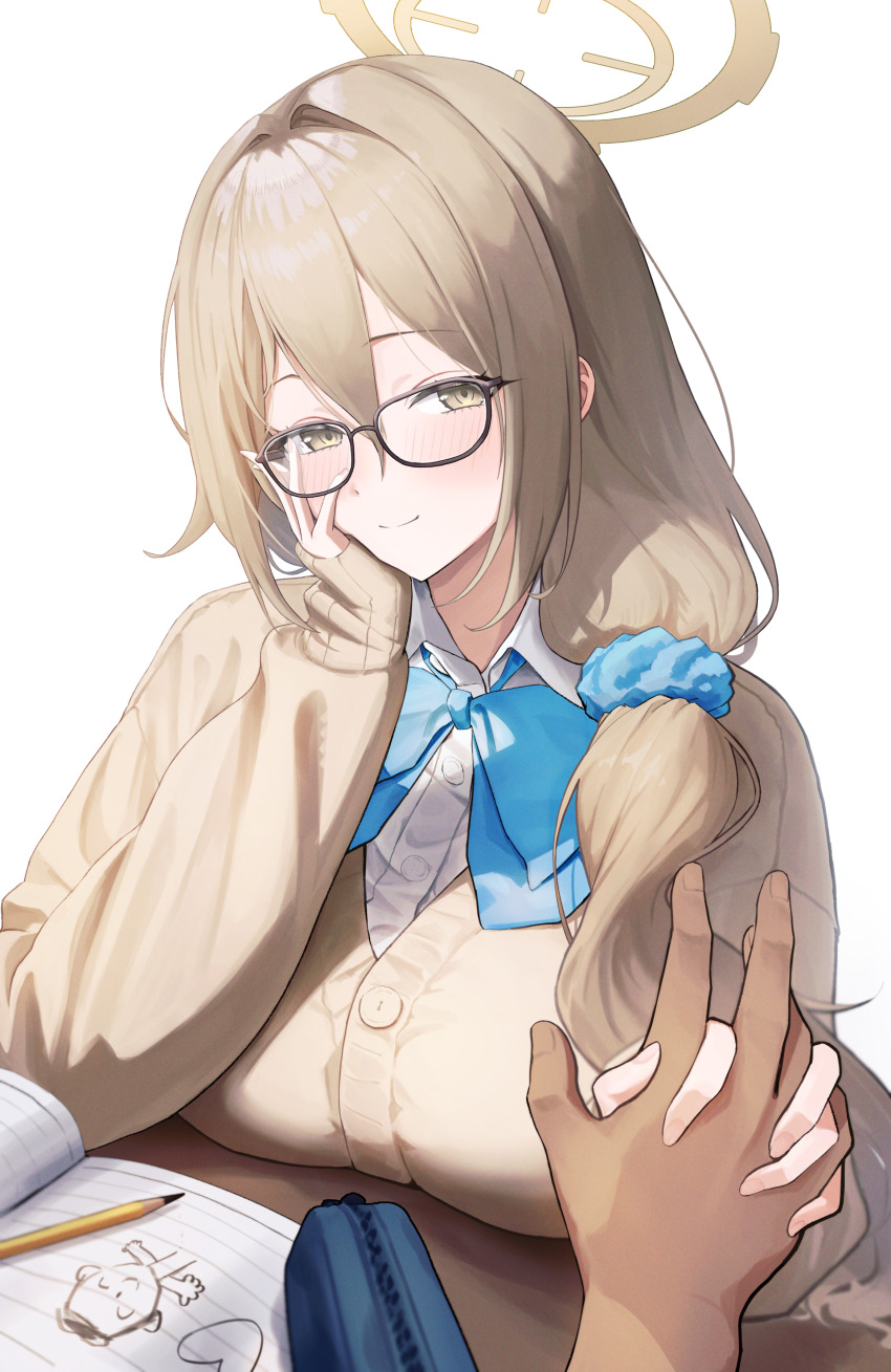 1boy 1girl absurdres akane_(blue_archive) akane_(school_uniform)_(blue_archive) black-framed_eyewear blue_archive blue_scrunchie book breast_rest breasts brown_cardigan brown_eyes brown_hair cardigan closed_mouth collared_shirt commentary doodle_sensei_(blue_archive) glasses hair_between_eyes hair_intakes hair_ornament hair_scrunchie hand_on_own_cheek hand_on_own_face highres holding_hands large_breasts long_hair long_sleeves looking_at_viewer official_alternate_costume official_alternate_hairstyle pencil pencil_case pov pov_hands schoppi_0731 scrunchie sensei_(blue_archive) shirt smile white_background white_shirt