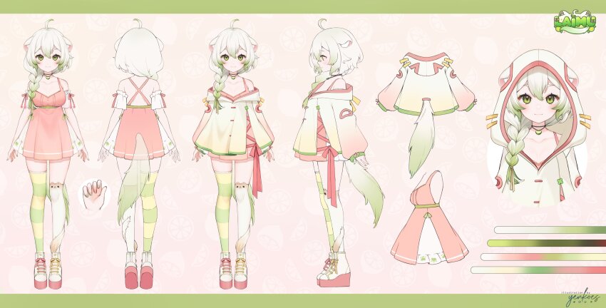 1girl absurdres ahoge animal_ears asymmetrical_legwear boots braid breasts reference_sheet cleavage detached_sleeves double-parted_bangs dress ferret_ears ferret_girl ferret_tail full_body gradient_hair gradient_hoodie gradient_tail green_eyes green_hair green_nails hair_ornament highres jewelry laimu_(vtuber) laimu_(vtuber)_(1st_costume) long_hair medium_breasts multicolored_hair necklace official_art pink_dress pink_nails platform_boots platform_footwear sidelocks single_braid standing striped_clothes striped_thighhighs thighhighs two-tone_hair vinesauce virtual_youtuber white_hair white_thighhighs yenkoes