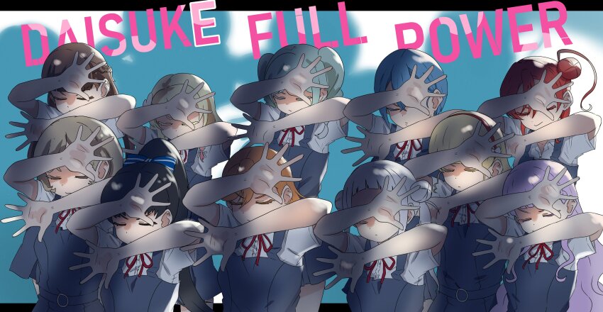 6+girls :3 absurdres aqua_hair arashi_chisato arched_bangs blonde_hair blue_bow blue_hair blunt_bangs bow braid braided_twintails brown_hair closed_eyes closed_mouth collared_shirt colored_eyelashes commentary crossed_bangs daisuke_(beatmania) daisuki_full_power double_bun dress dress_shirt grey_dress hair_between_eyes hair_bow hair_bun hair_ribbon hairband half_up_braid hazuki_ren heanna_sumire high_ponytail highres kanzaki_gou letterboxed long_hair love_live! love_live!_superstar!! multiple_girls neck_ribbon onitsuka_natsumi onitsuka_tomari orange_hair outside_border parody pinafore_dress pleated_dress ponytail red_hair red_hairband red_ribbon ribbon sakurakoji_kinako school_uniform shadow shibuya_kanon shirt short_dress short_hair short_hair_with_long_locks short_sleeves sidelocks single_side_bun sleeveless sleeveless_dress song_name striped_bow summer_uniform symbol-only_commentary tang_keke title_parody u_u wakana_shiki wavy_hair white_hair white_ribbon white_shirt wien_margarete yoneme_mei yuigaoka_school_uniform