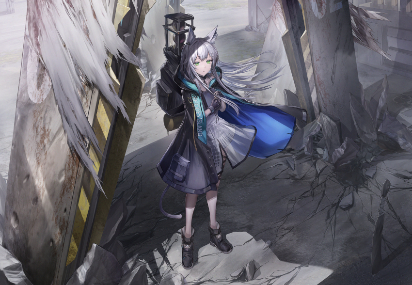 after_battle animal_ear_fluff animal_ears arknights backpack bag black_boots black_gloves black_jacket book boots carrying cat_ears cat_tail closed_mouth commentary crater day dress english_commentary expressionless eyebrows fingerless_gloves full_body gloves green_eyes grey_dress highres holding holding_book holding_to_chest hood hood_down hooded_jacket jacket long_hair looking_away morichika_shuuto outdoors pouch rhodes_island_logo_(arknights) rosmontis_(arknights) ruins see-through_clothes sidelocks solo standing staring tail white_hair