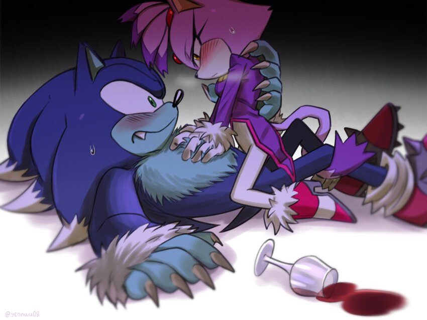 1boy 1girl alcohol animal_ears blaze_the_cat blue_fur blush cat_ears cat_girl cat_tail claws cup drinking_glass fang forehead_jewel fur-trimmed_gloves fur_trim furry furry_female furry_male girl_on_top gloves green_eyes highres jacket pink_shoes purple_fur purple_jacket shoes sonic_(series) sonic_the_hedgehog sonic_the_werehog sweatdrop tail tail_wrap white_gloves wine wine_glass yellow_eyes yeonwu08