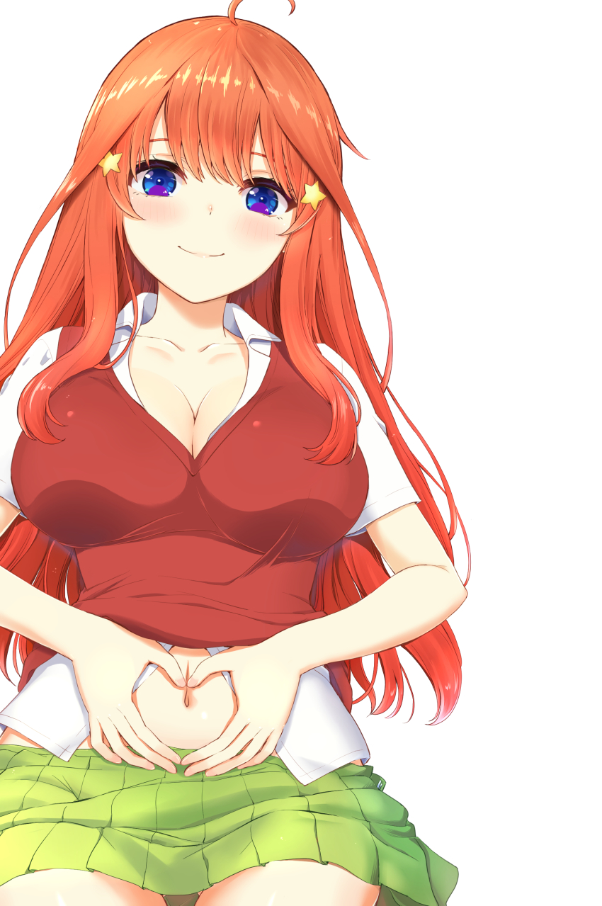 1girl absurdres ahoge blue_eyes blush breasts cleavage clothes_pull collarbone collared_shirt commentary_request cowboy_shot eyebrows_hidden_by_hair gluteal_fold go-toubun_no_hanayome green_skirt hair_intakes hair_ornament hands_on_own_stomach heart heart_hands highres inanaki_shiki large_breasts long_hair looking_at_viewer nakano_itsuki navel partially_unbuttoned pleated_skirt red_hair red_sweater red_sweater_vest school_uniform shadow shirt short_sleeves sidelocks simple_background skirt smile solo star_(symbol) star_hair_ornament sweater sweater_pull sweater_vest uterus_pose white_background white_shirt