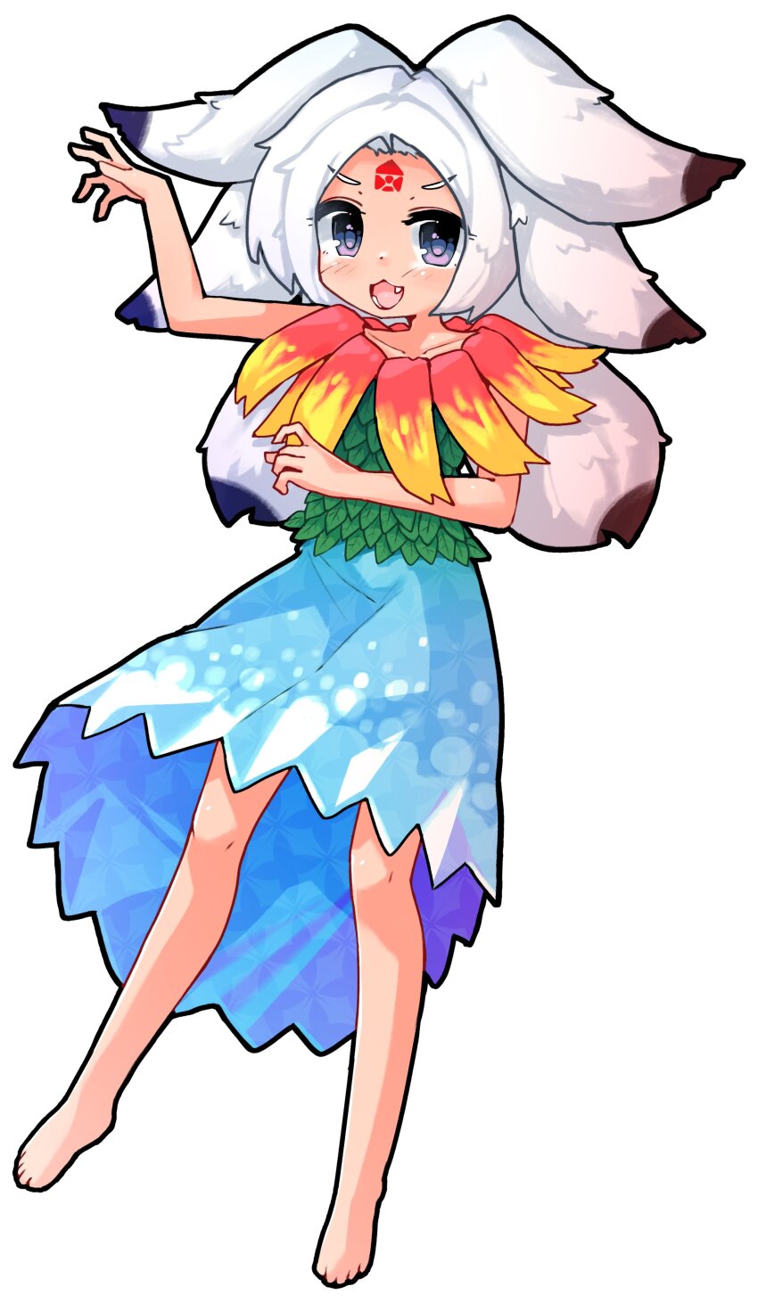 absurdres blue_dress claw_pose collarbone dot_nose dress facial_mark fang feet forehead_mark fossilized_wonders full_body green_shirt grey_eyes highres houjuu_chimi looking_at_viewer open_mouth parted_bangs shirt simple_background teeth touhou white_background white_hair wrevhy