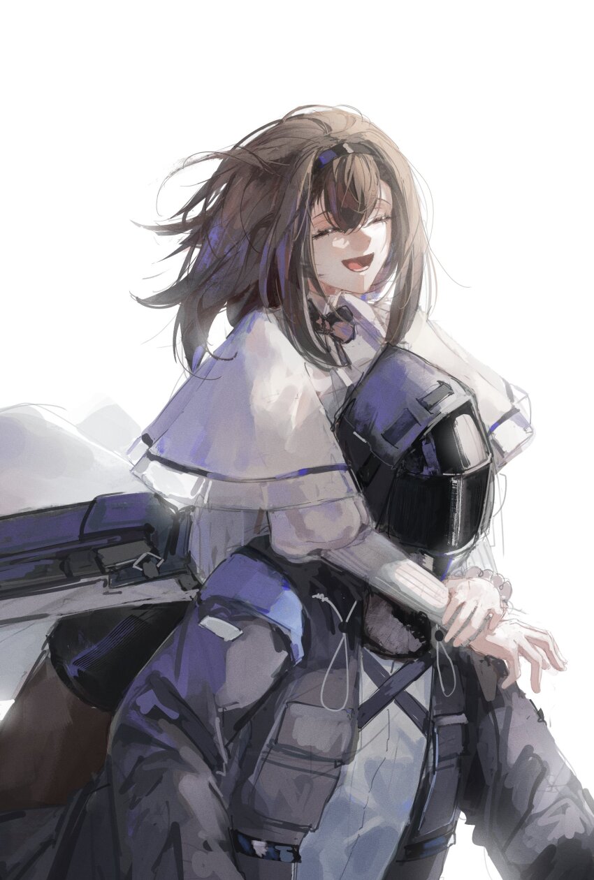 1girl 1other :d ^_^ absurdres arknights arms_around_neck black_hairband black_jacket brown_hair brown_pantyhose capelet closed_eyes commentary doctor_(arknights) english_commentary gandy_(gan3e46) hair_between_eyes hairband hand_on_own_wrist happy highres hood hood_up hooded_jacket hug hug_from_behind jacket jumping long_sleeves medium_hair open_mouth pantyhose priestess_(arknights) simple_background smile sweater white_background white_capelet white_sweater