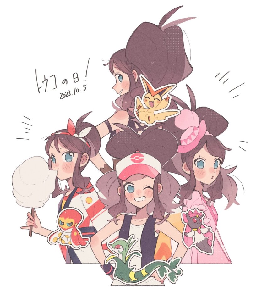 4girls alternate_color alternate_costume black_vest blue_eyes brown_hair candy cotton_candy dated diancie dress eating food gen_5_pokemon gen_6_pokemon gen_8_pokemon grapploct grin hat high_ponytail highres hilda_(pokemon) hilda_(special_costume)_(pokemon) hilda_(summer_2022)_(pokemon) hilda_(sygna_suit)_(pokemon) hime_(himetya105) holding holding_candy holding_cotton_candy holding_food japanese_clothes legendary_pokemon long_hair looking_at_viewer multiple_girls multiple_persona mythical_pokemon nintendo official_alternate_costume official_alternate_hairstyle one_eye_closed pink_dress pokemon pokemon_(creature) pokemon_bw pokemon_masters_ex ponytail serperior shiny_pokemon shirt sleeveless sleeveless_shirt smile very_long_hair vest victini white_background white_shirt wink