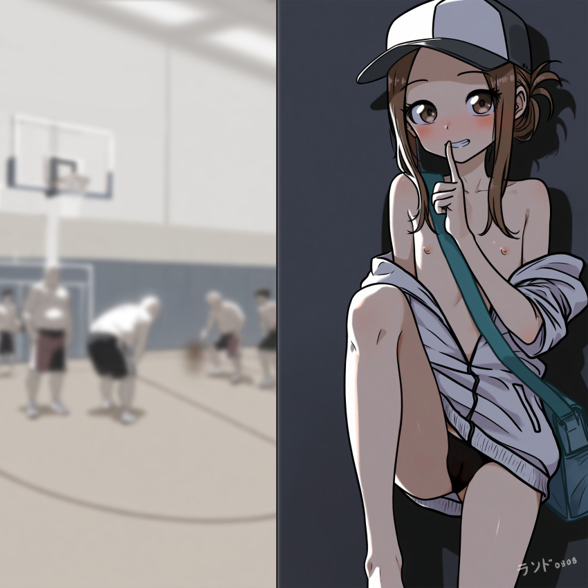 absurdres black_panties blush brown_hair exhibitionism flat_chest hat highres jacket jersey karakai_jouzu_no_takagi-san lander0808 loli nipples panties public_indecency takagi-san track_jacket track_suit underwear undressing