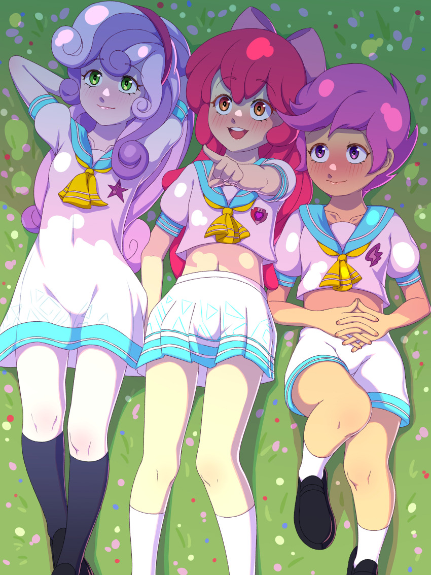 3girls apple_bloom apple_bloom_(equestria_girls) arms_behind_head bow cutie_mark cutie_mark_crusaders grass green_eyes hair_bow hasbro headband highres lying midriff multiple_girls my_little_pony my_little_pony:_equestria_girls my_little_pony:_friendship_is_magic navel on_grass pointing red_hair rockset sailor_collar school_uniform scootaloo scootaloo_(equestria_girls) serafuku skirt socks sweetie_belle sweetie_belle_(equestria_girls)