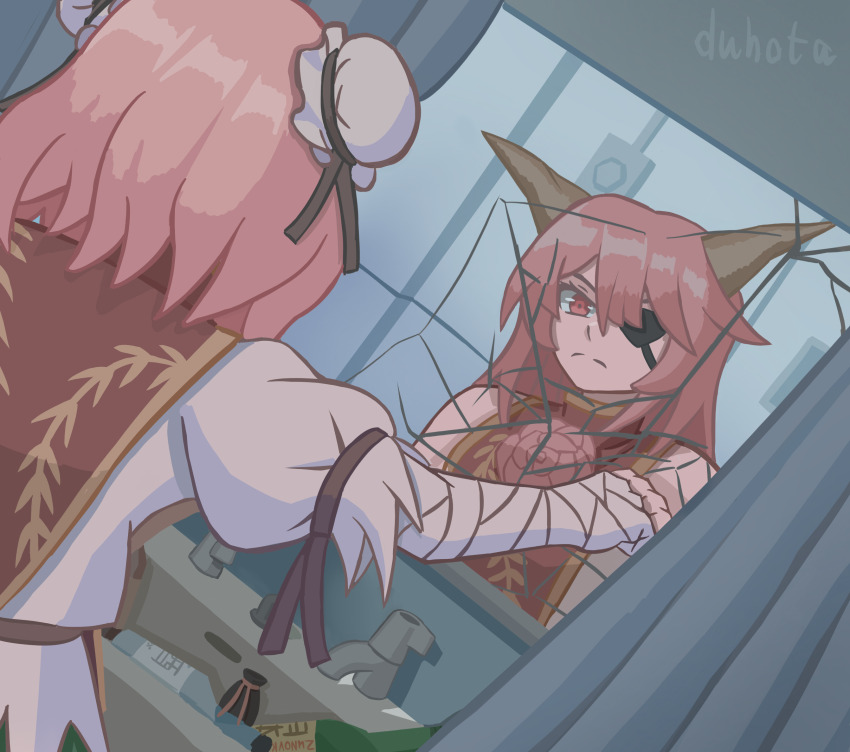2girls bandaged_arm bandages breaking broken_mirror closed_mouth different_reflection double_bun duhota empty_bottle eyepatch faucet glass_bottle hair_bun hand_on_mirror highres horns ibaraki_douji_(touhou) ibaraki_kasen indoors looking_at_mirror metal_gear_(series) metal_gear_solid_v:_the_phantom_pain mirror multiple_girls parody pink_eyes pink_hair reflection shirt shower_curtain signature sink tabard tokkuri touhou white_shirt