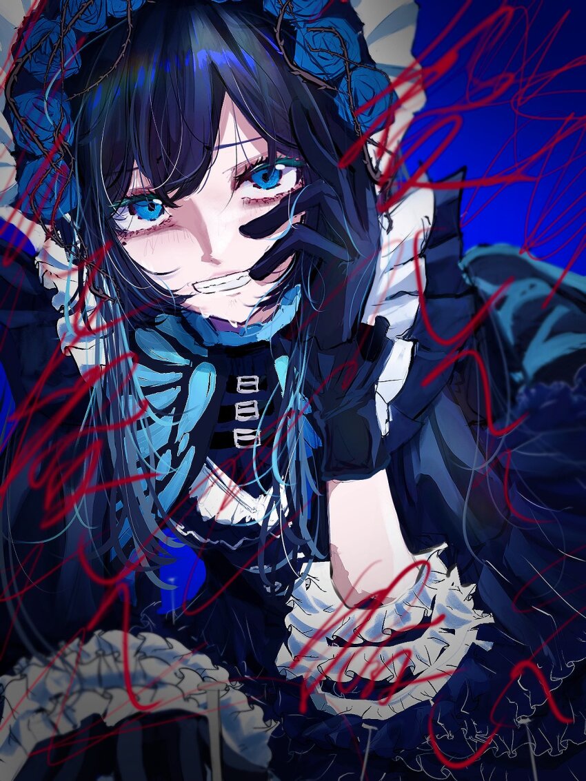 1girl ado_(utaite) aishite_aishite_aishite_(vocaloid) black_dress black_gloves blue_eyes blue_flower blue_hair blue_rose blush chando_(ado) clenched_teeth commentary_request dress flower gloves hair_flower hair_ornament hand_on_own_cheek hand_on_own_face highres long_hair mole mole_under_eye open_mouth rose sidelocks solo sweat tanake_(tanakei_ado) teeth throne utaite