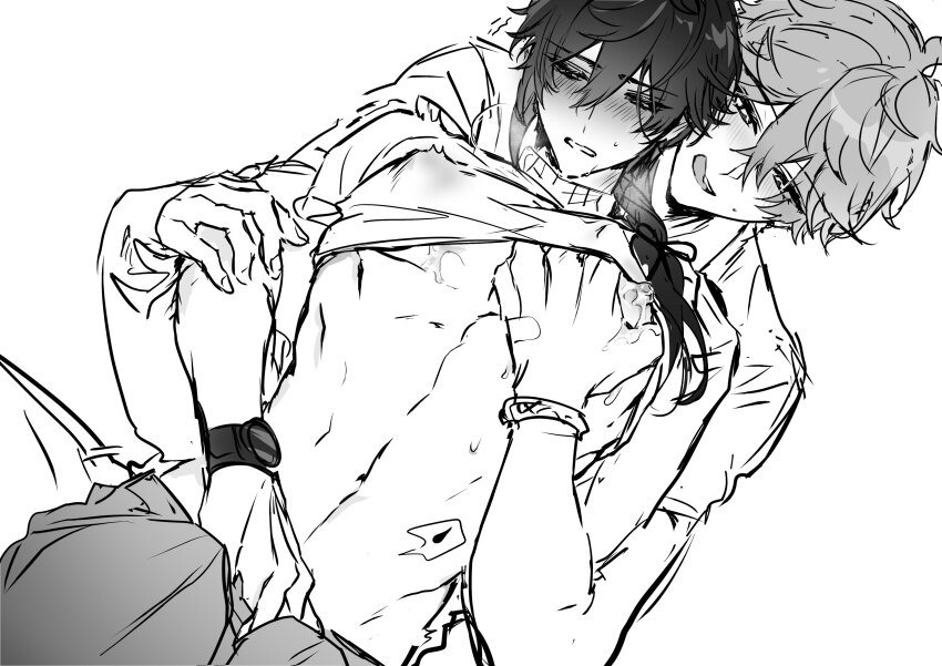 absurdres greyscale groping_breast hamtaru542899 hand_on_another&#039;s_chest highres implied_fingering lactation lactation_through_clothes licking_lips male_lactation milk monochrome mors_gn multiple_boys nipple_stimulation nipples pectoral_grab simple_background tartaglia_(genshin_impact) tongue tongue_out twitter white_background yaoi zhongli_(genshin_impact)
