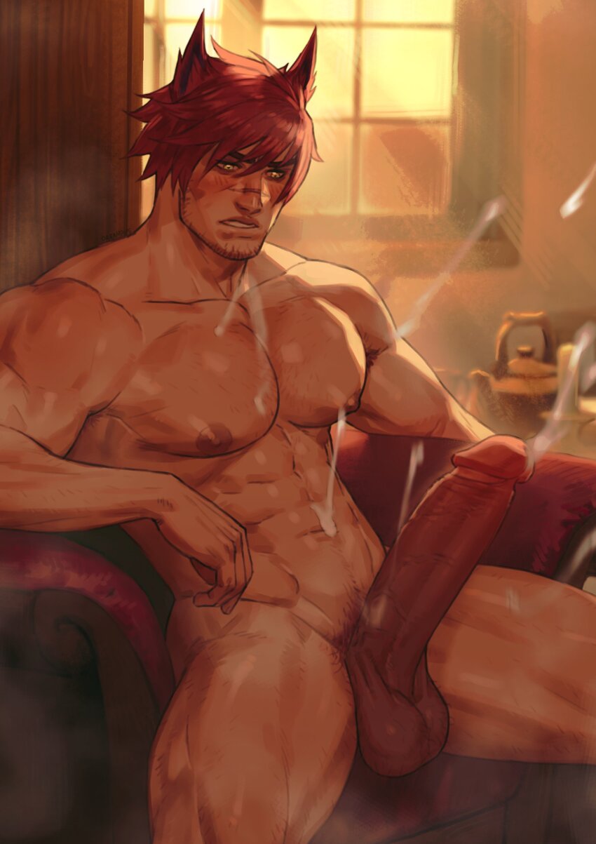 1boy abs absurdres animal_ears bara bulge cat_ears closed_mouth completely_nude cum dreamplpe ejaculation erection facial_hair highres indoors large_pectorals league_of_legends male_focus male_pubic_hair muscular muscular_male navel nipples nude pectorals penis pubic_hair scar scar_on_face scar_on_nose sett_(league_of_legends) short_hair sitting solo stubble testicles