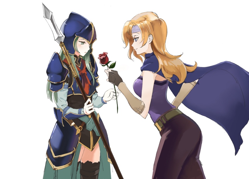 2girls armor blonde_hair brown_gloves cape chocotto715 fingerless_gloves fire_emblem fire_emblem:_radiant_dawn flower giving_flower gloves green_eyes green_hair headband heather_(fire_emblem) helmet highres holding holding_flower holding_polearm holding_weapon looking_at_another multiple_girls nephenee_(fire_emblem) nintendo pants polearm purple_shirt red_flower red_rose rose shirt weapon white_background yuri